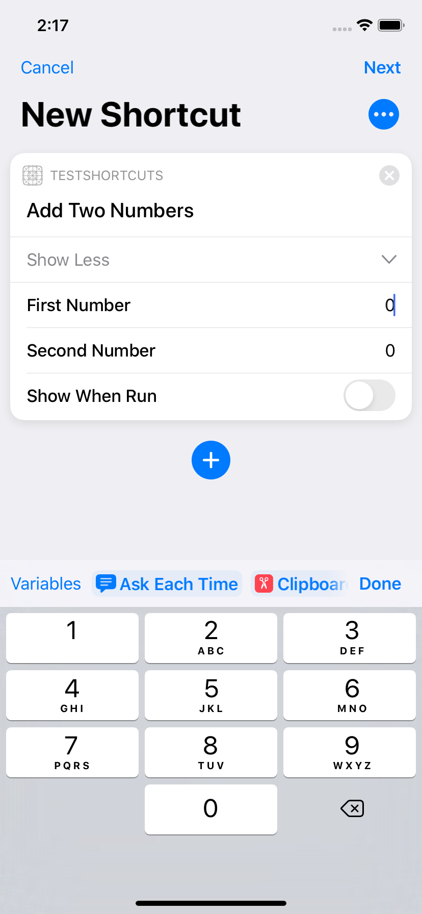 Shortcuts Configuration Screen